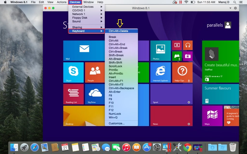 parallels desktop windows 10 shortcuts