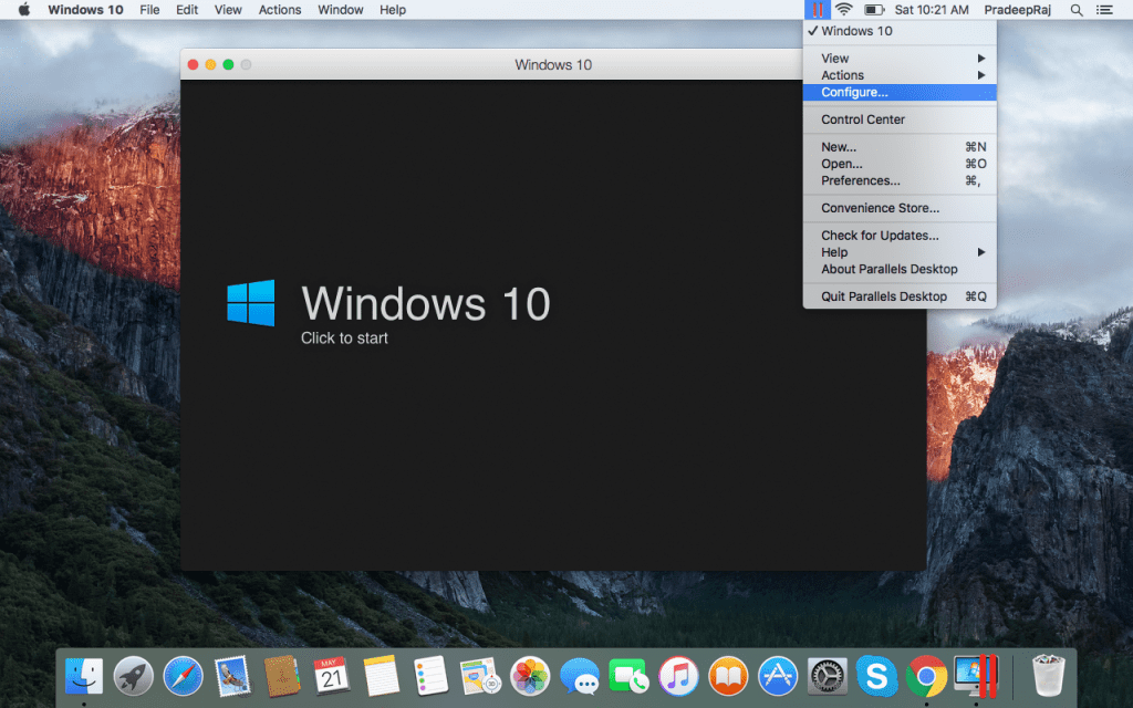 configuration in parallels desktop windows 10