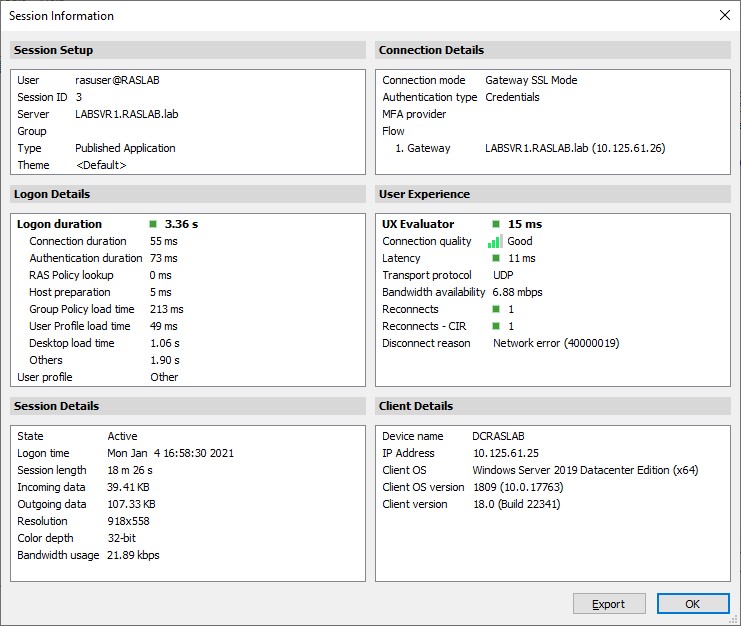 Parallels RAS session information